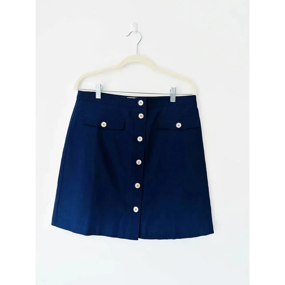 J. Crew Factory Navy Blue Linen Blend Button Front Skirt Size 10 - Picture 1 of 6